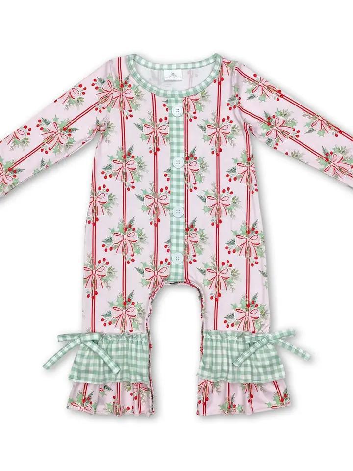 Pink Bow Berry Ruffle Baby Girls Christmas Romper