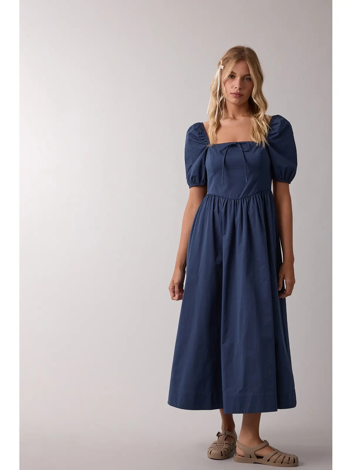 Puff Sleeve Midi Dress - NAVY