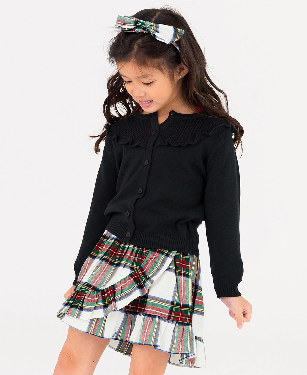 Girls Black Sweater Knit Ruffle Trim Cardigan - Black