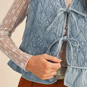 Quilted Printed Denim Ruffle Trim - LIGHT DENIM
