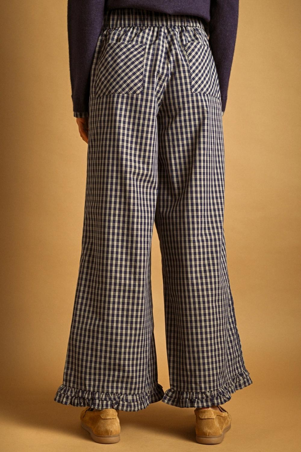 Ruffle Detail with Plaid Fabric Pants - Navy