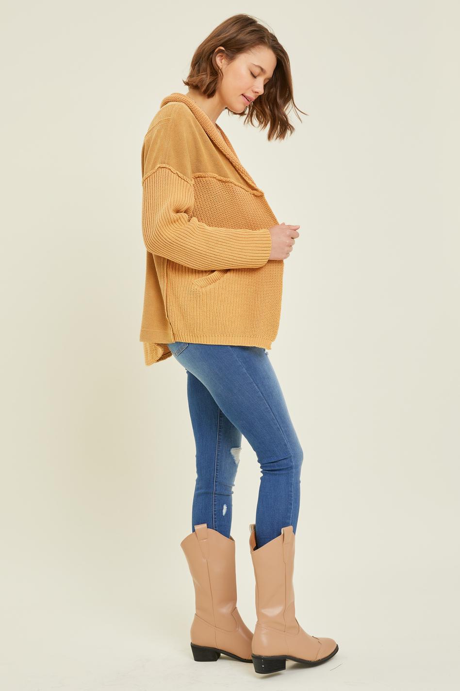 WESTERN WASHED TERRY CARDIGAN WITH CABLE KNIT SWEATER WASHED RUST - CAMEL