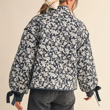 Floral Quilted Jacket with Ribbon Detail MJK3622 - navy floral