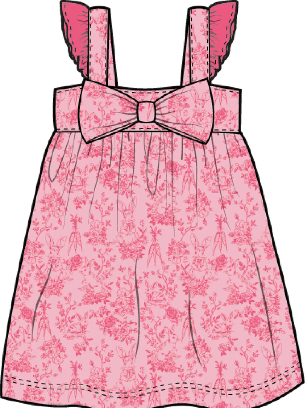 Girls Pink Cottontail Toile Cotton Gauze Flutter Bow Woven Dress