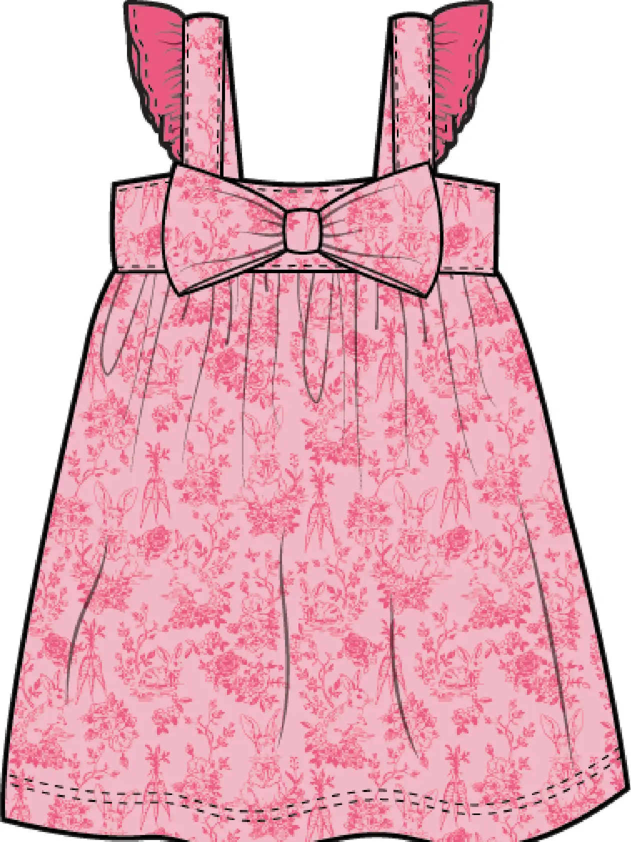 Girls Pink Cottontail Toile Cotton Gauze Flutter Bow Woven Dress