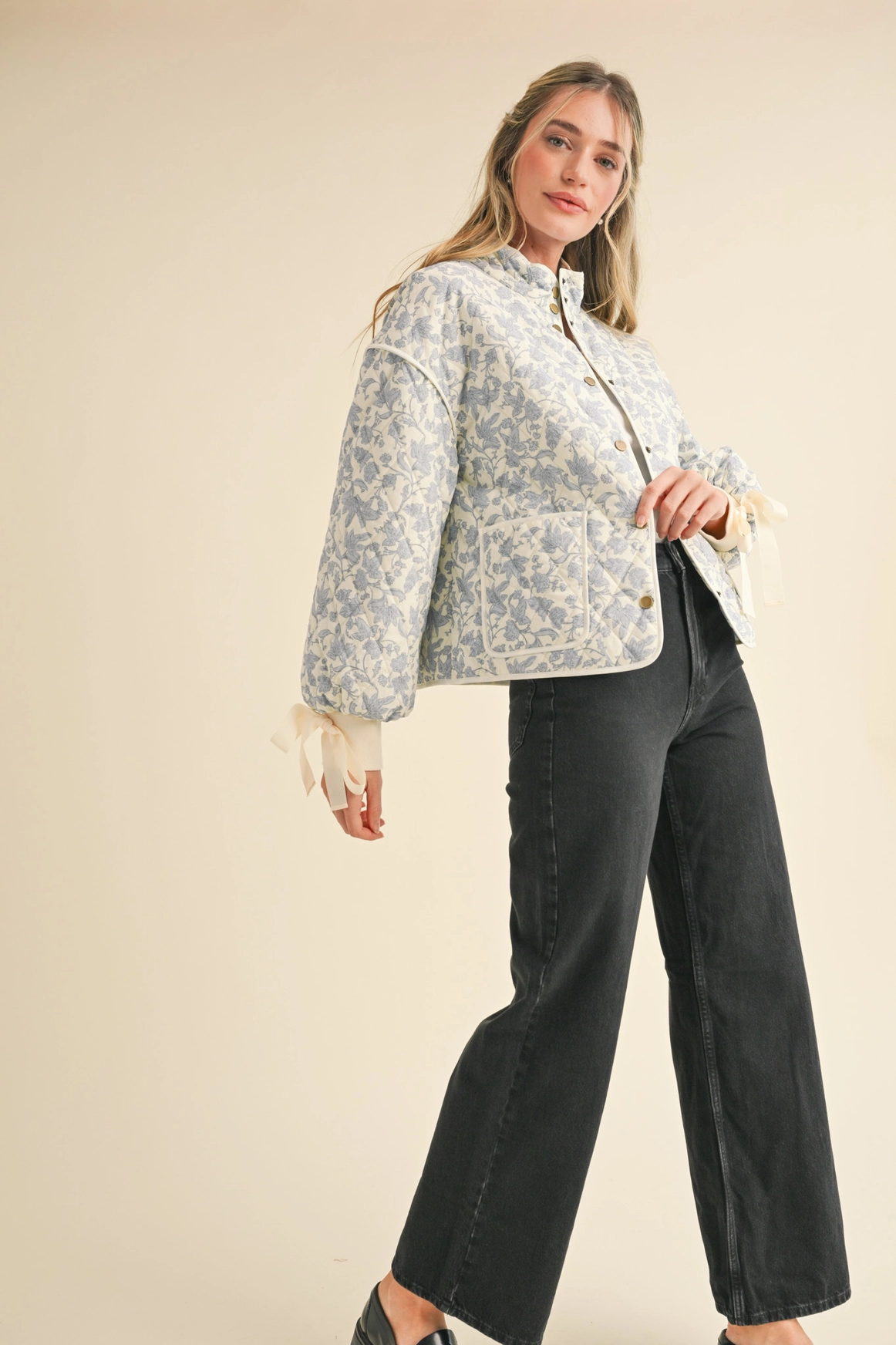 Floral Quilted Jacket with Ribbon Detail MJK3622