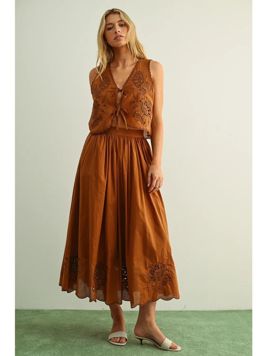 Embroidery Bottom Long Full Skirt -COFFEE