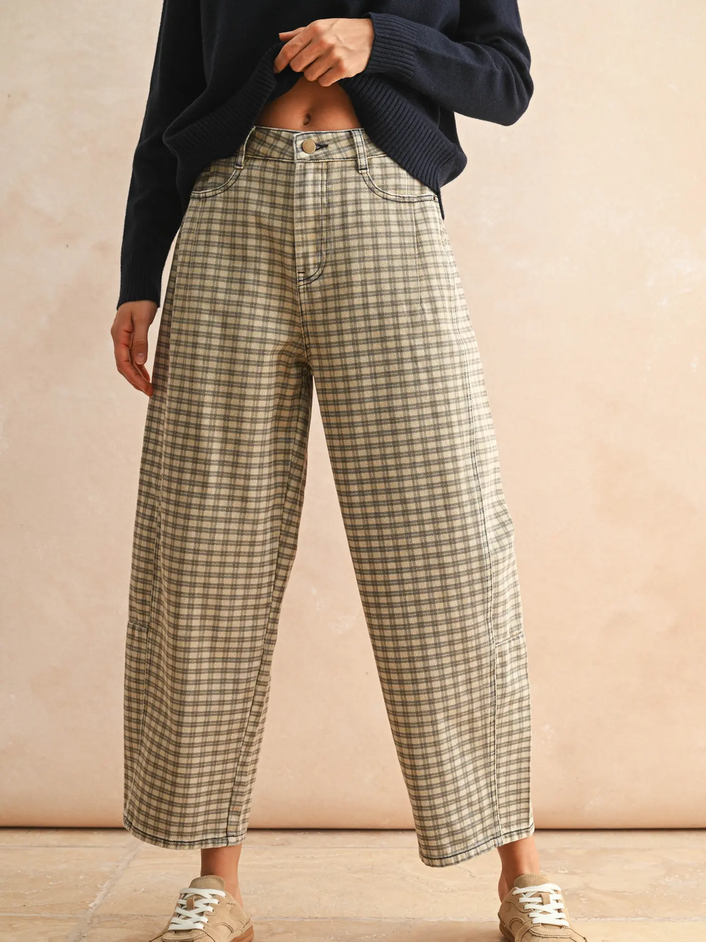 Mini Checker Pattern Barrel Pants - TAN/BROWN