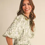 Jacquard Bubble Sleeve Button Down Midi Dress  - SAGE GREEN