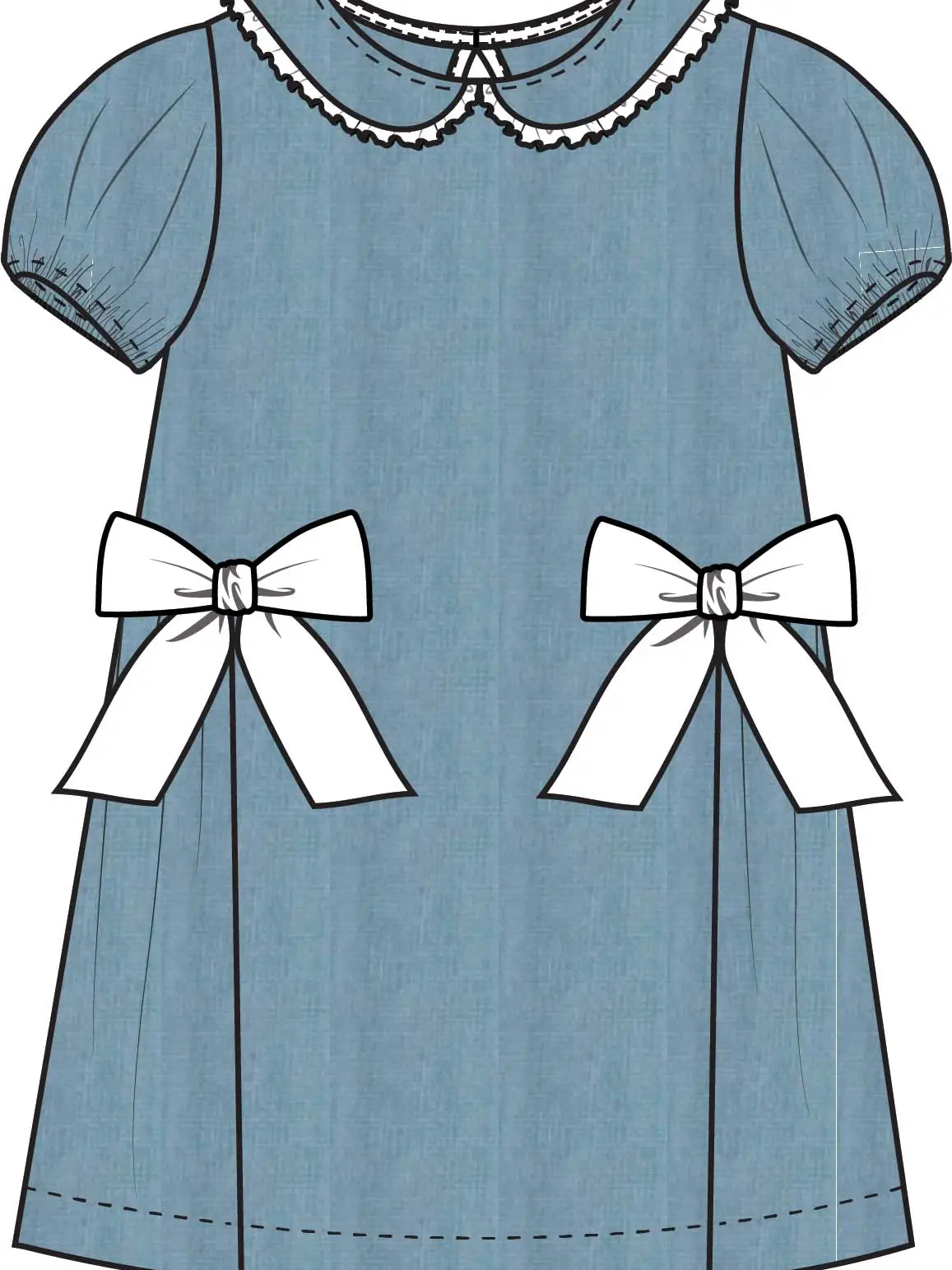 Girls Light Wash Denim Woven Peter Pan Ruffle Bow Short Sleeve Dress