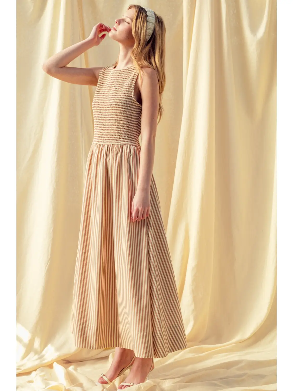 Striped Fabric Smocking Top Long Dress