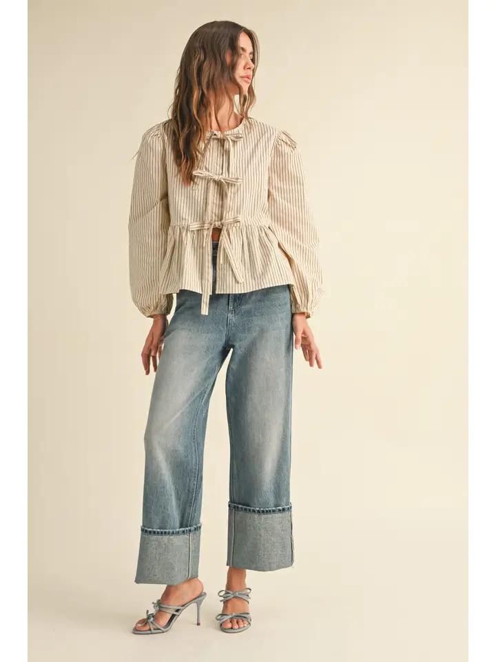 Striped Woven Blouse with Tie Front - Beige/Brown