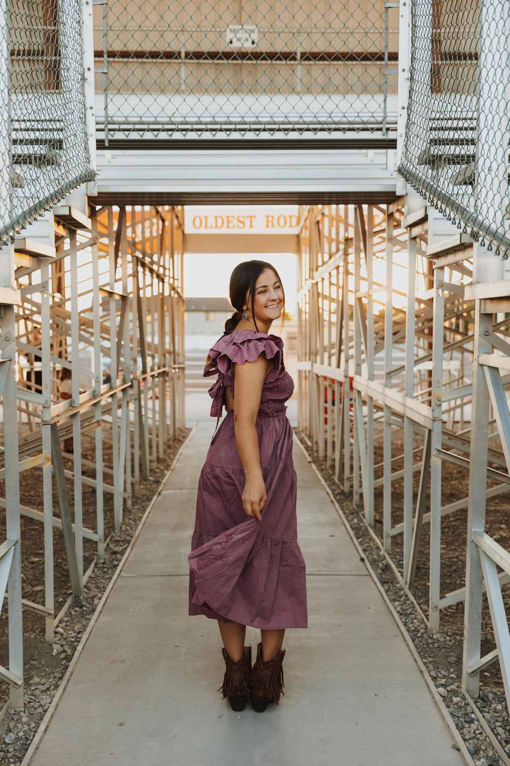 Cotton Poplin Ruffle Slv Smocked Bodice Midi Dress - Grape Nectar