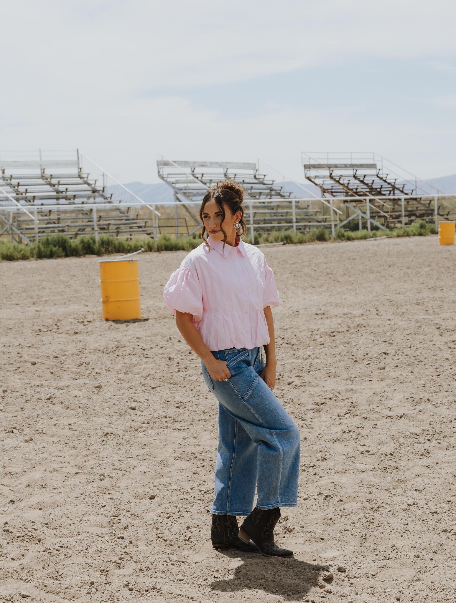 Pleated Bubble Hem Button Down Top - PINK