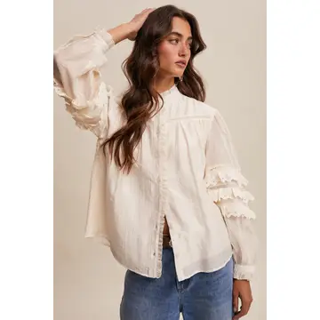 Lace Ruffle Sleeve Pintuck Blous - CREAM
