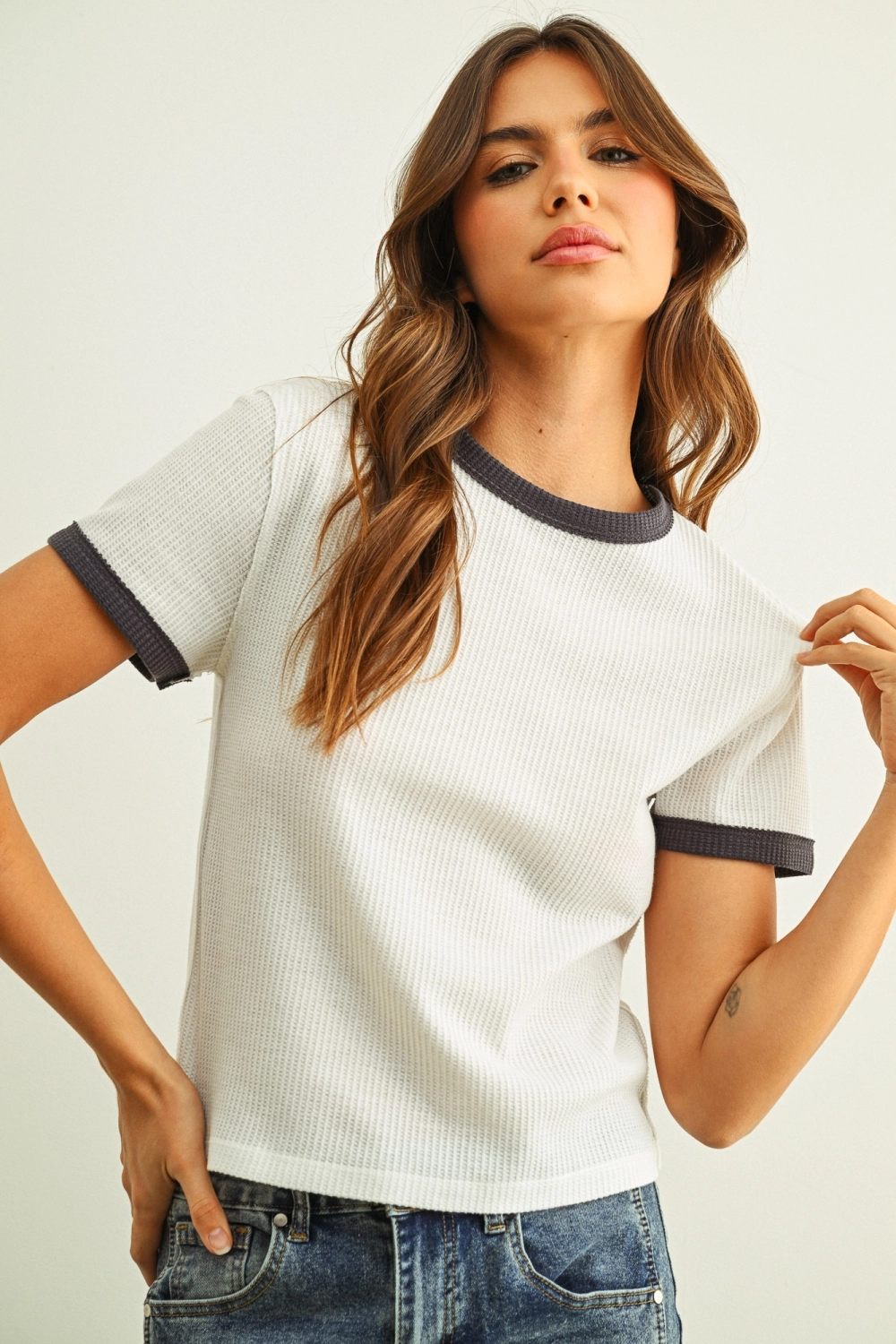 Color Combo Waffle Fabric Top - Navy