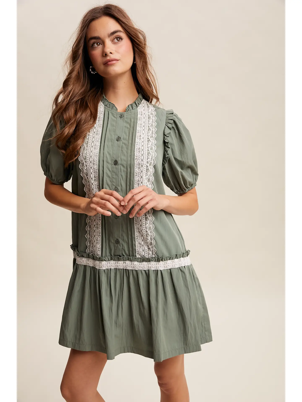 Lace Trimmed Babydoll Dress - EUCALYPTUS