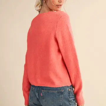 Marled Knit Sweater Cardigan - CORAL RED