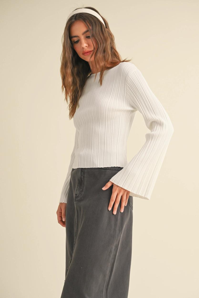 Ribbed Long Sleeve Knitted Top - Off White