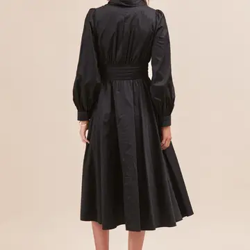 Pintuck Waist Tie Front Midi Dress - Black