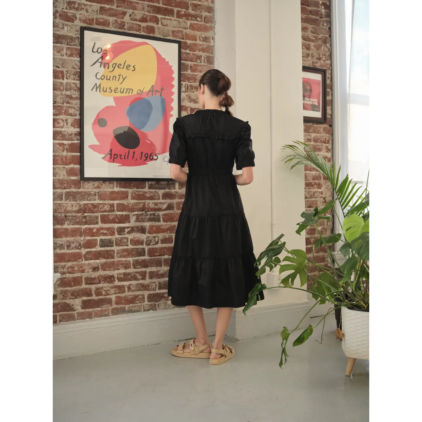 Poplin Ruffle Button Down Dress - Black
