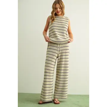 Striped Pattern Knitted Pants - STONE/BLUE
