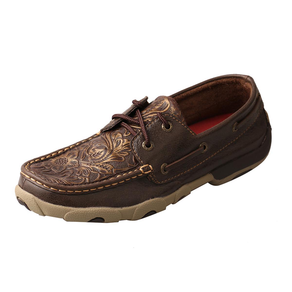 WOMENS BOAT DRIVING MOCCASINS - BROWN/EMBOSSED FLOWER WDM0070