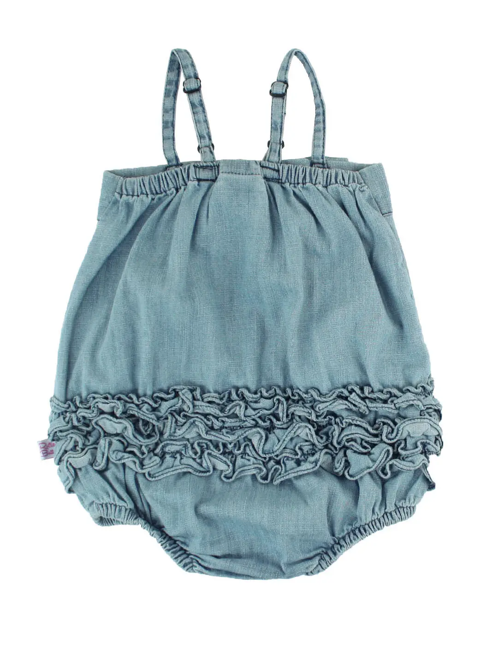 Baby Girls Light Wash Denim Bow Front Bubble Woven Romper