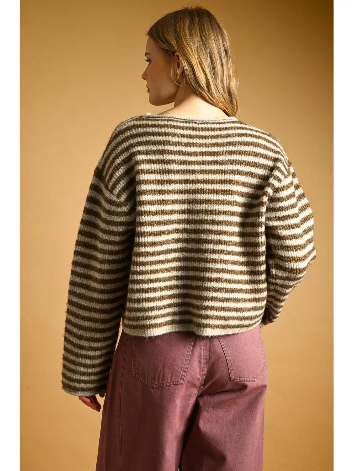 Striped Button Front Sweater Cardigan - Mocha Oat