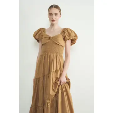 Puff Sleeves Smocked Bodice Tiered Midi Dress - Rust