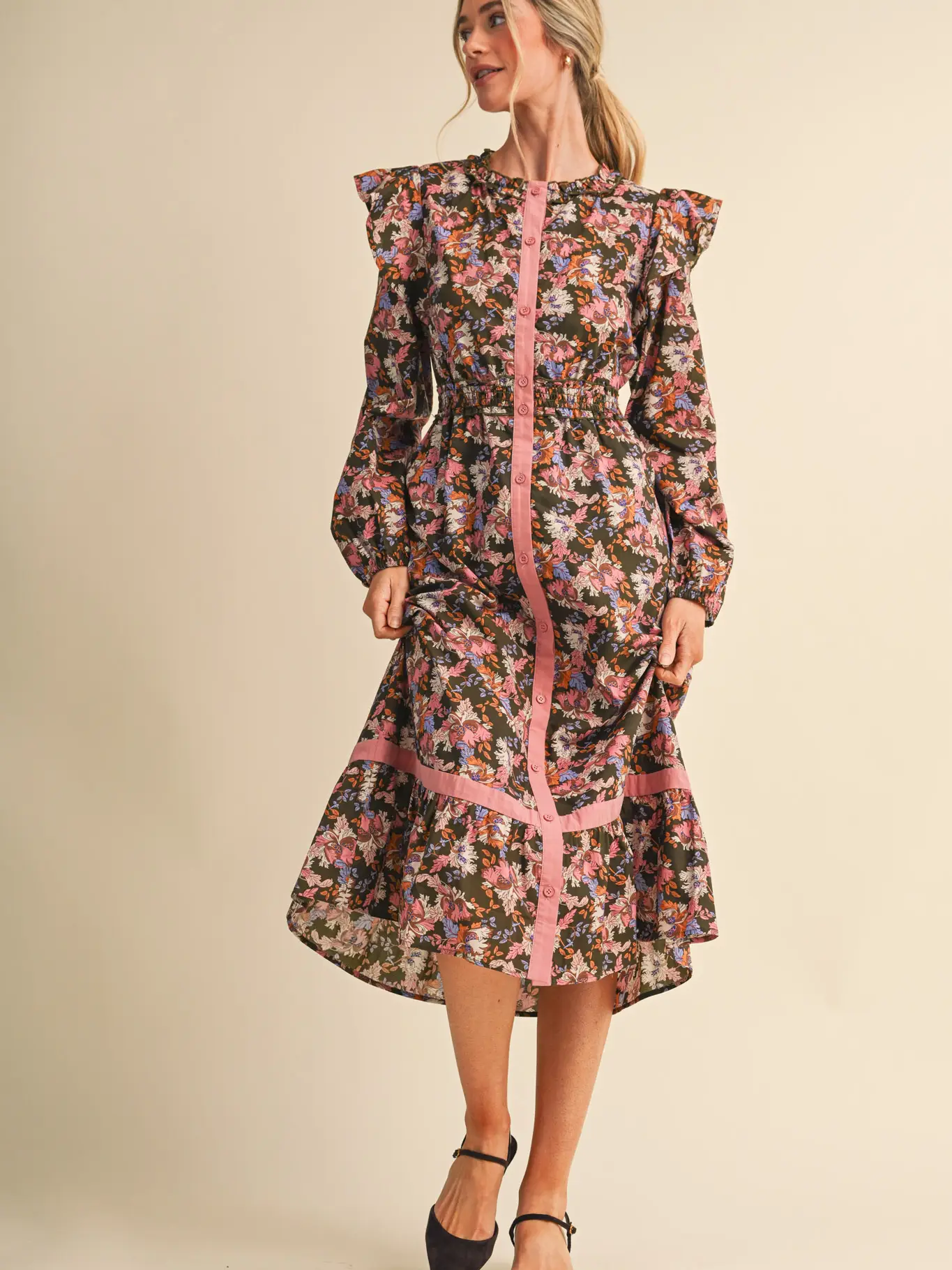 Floral Button Down Contrast Binding Midi Dress