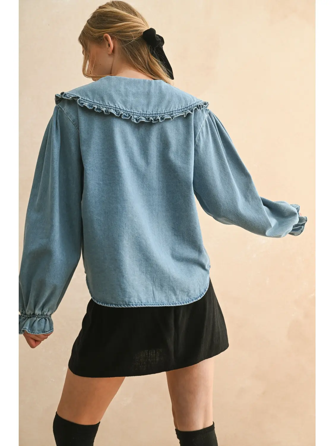 Ruffled Trim Collar Denim Shirts