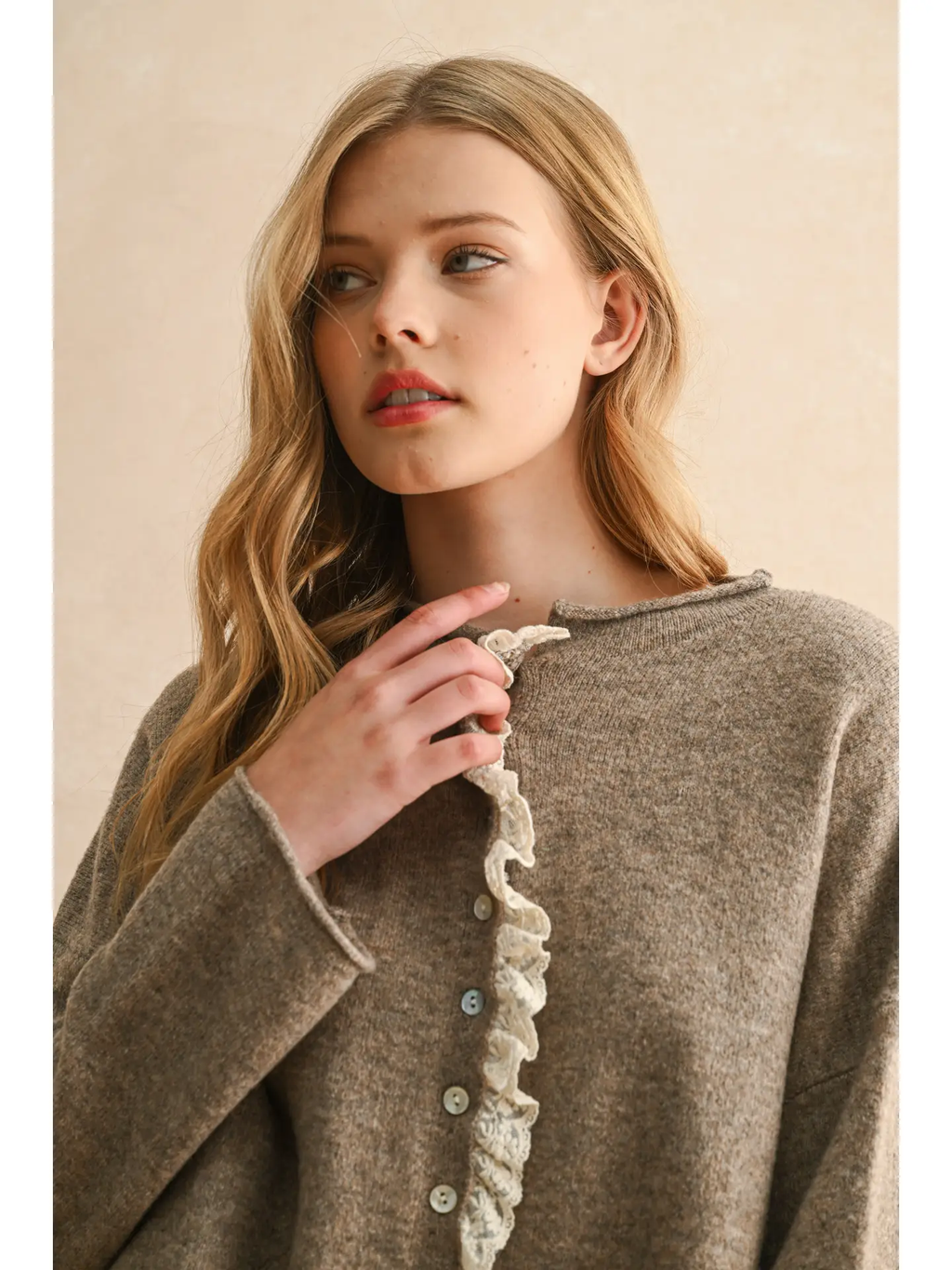 Button Front Lace Trim Knitted Cardigan - Mocha