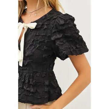 Bubble Babydoll Blouse with Textured Fabric and Contrast Bow - Black