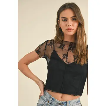 Lace Fabric with Tank Top Lined Top - Black