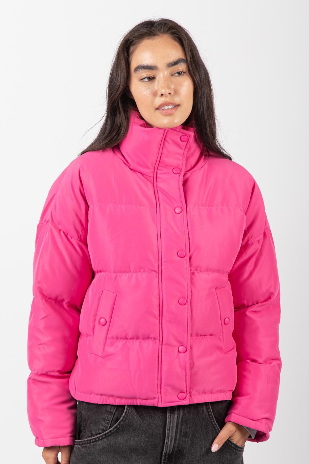 Casual Solid Puffer Jacket - Pink