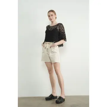 Vintage Washed Barrel Denim Shorts W/Grommet Waist - Cream
