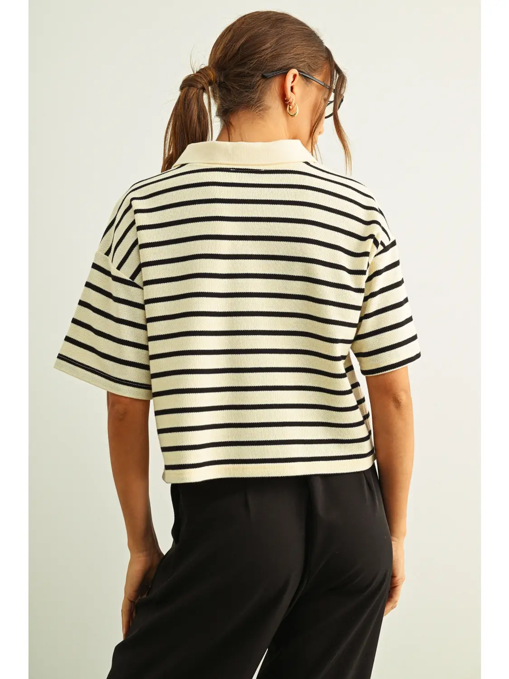 Stripe Pattern Short Sleeve Polo Shirts - CREAM & BLACK