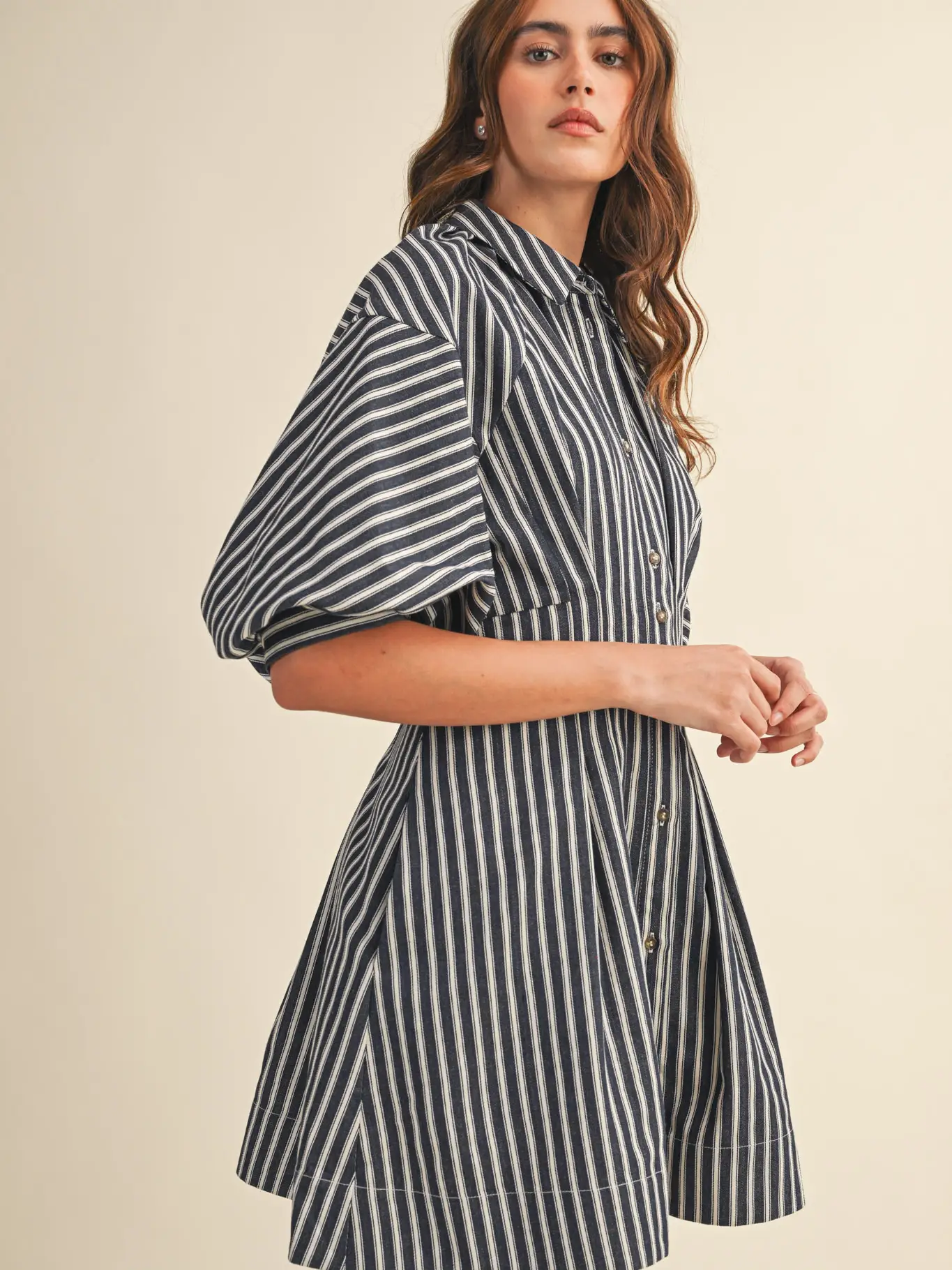 Striped Denim Bubble Sleeve Mini Dress - DENIM BLUE