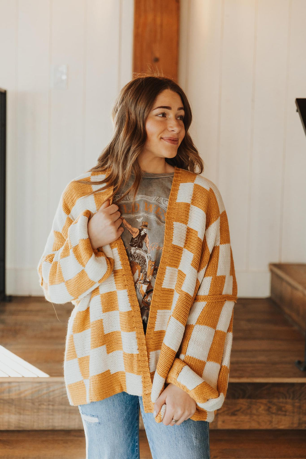 Check Dropped Shoulders Cardigan - White & Taupe