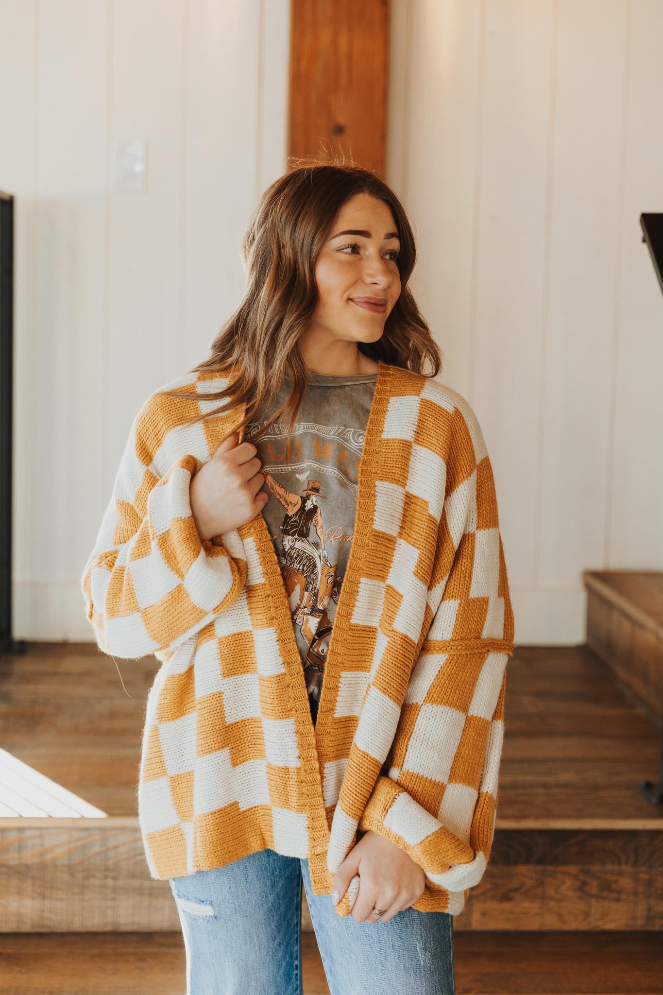 Check Dropped Shoulders Cardigan - White & Taupe