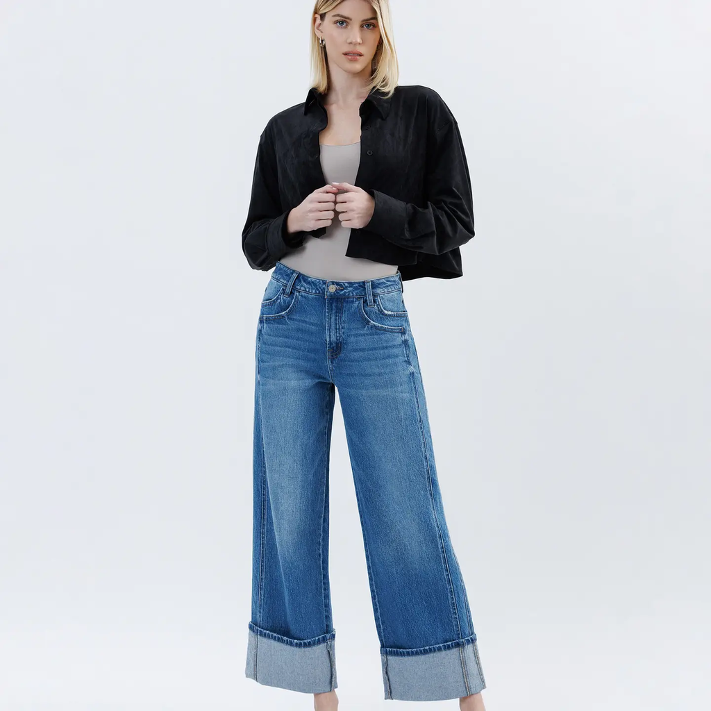 Super High Rise Cuffed Baggy Wide Jeans - Dark Denim 6515