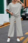 Gray Textured Loose Fit T Shirt and Drawstring Pants Set - Grey