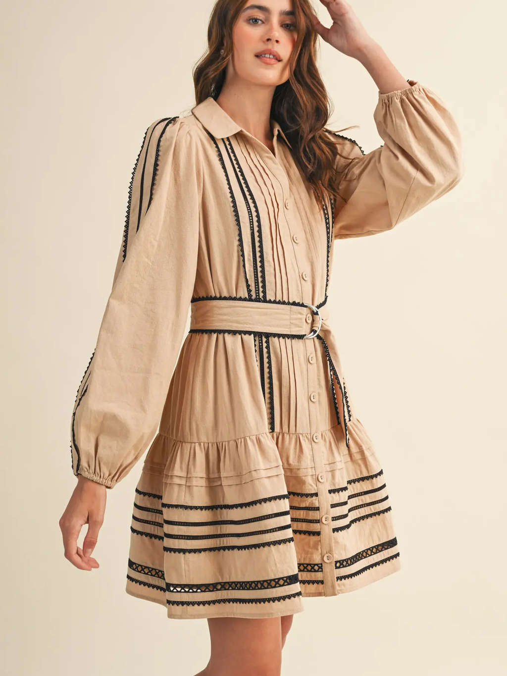Contrast Lace Trim Belted Mini Dress - TAN BLACK
