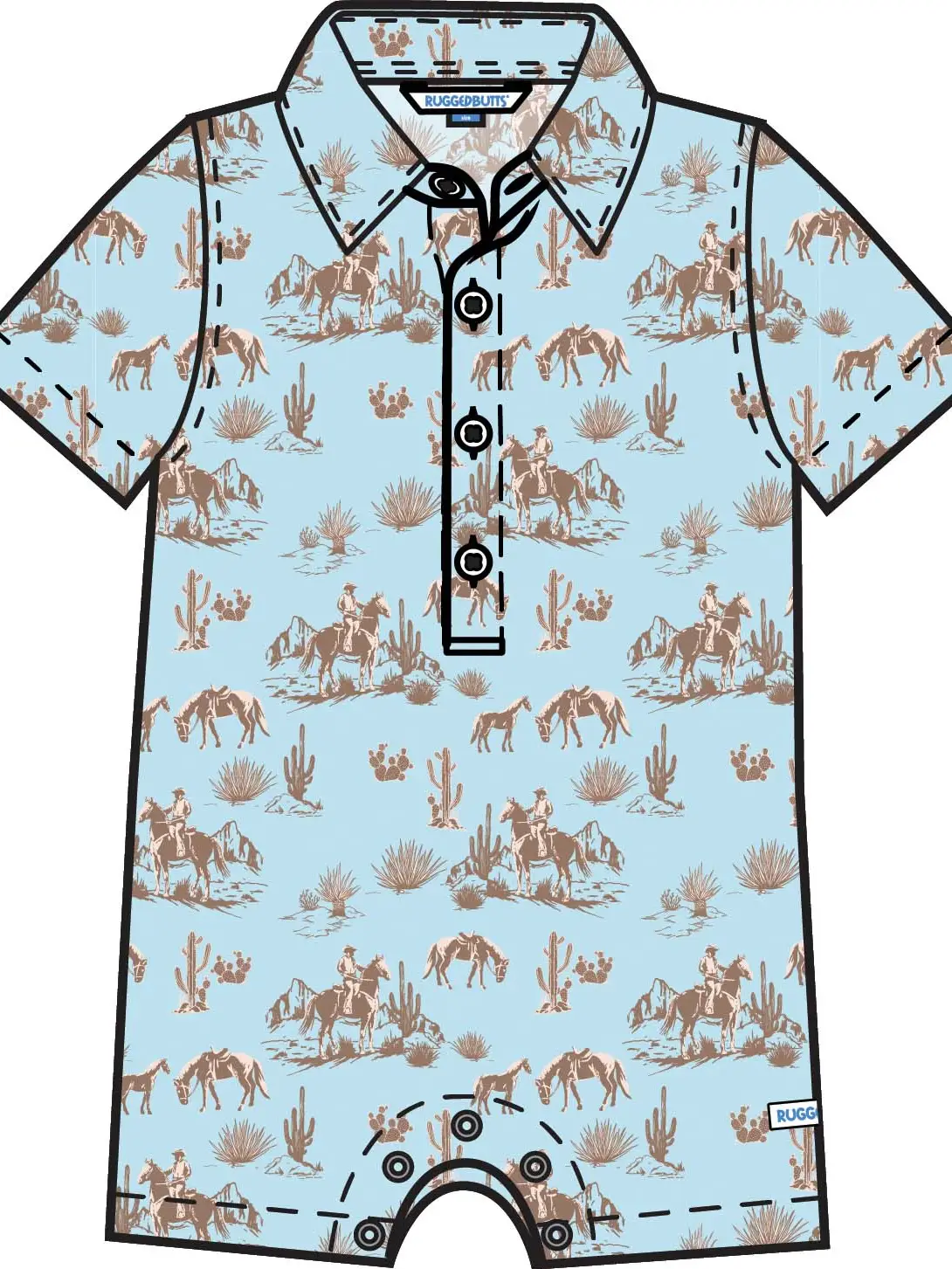Baby Boys Blue Western Trail Toile Short Sleeve Woven Button-Up Romper