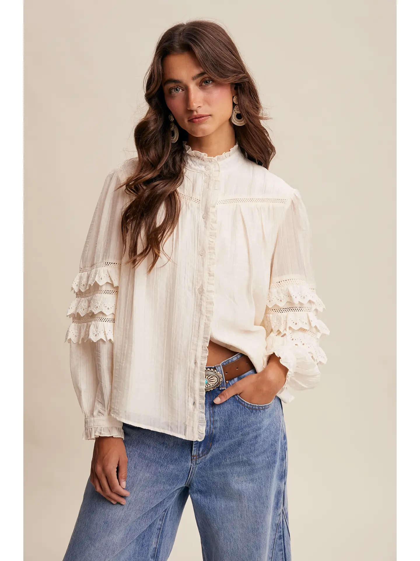 Lace Ruffle Sleeve Pintuck Blous - CREAM