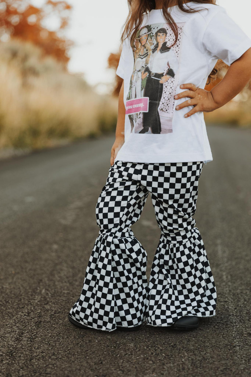 CHECKERBOARD BELL BOTTOM PANTS - BLACK/WHITE
