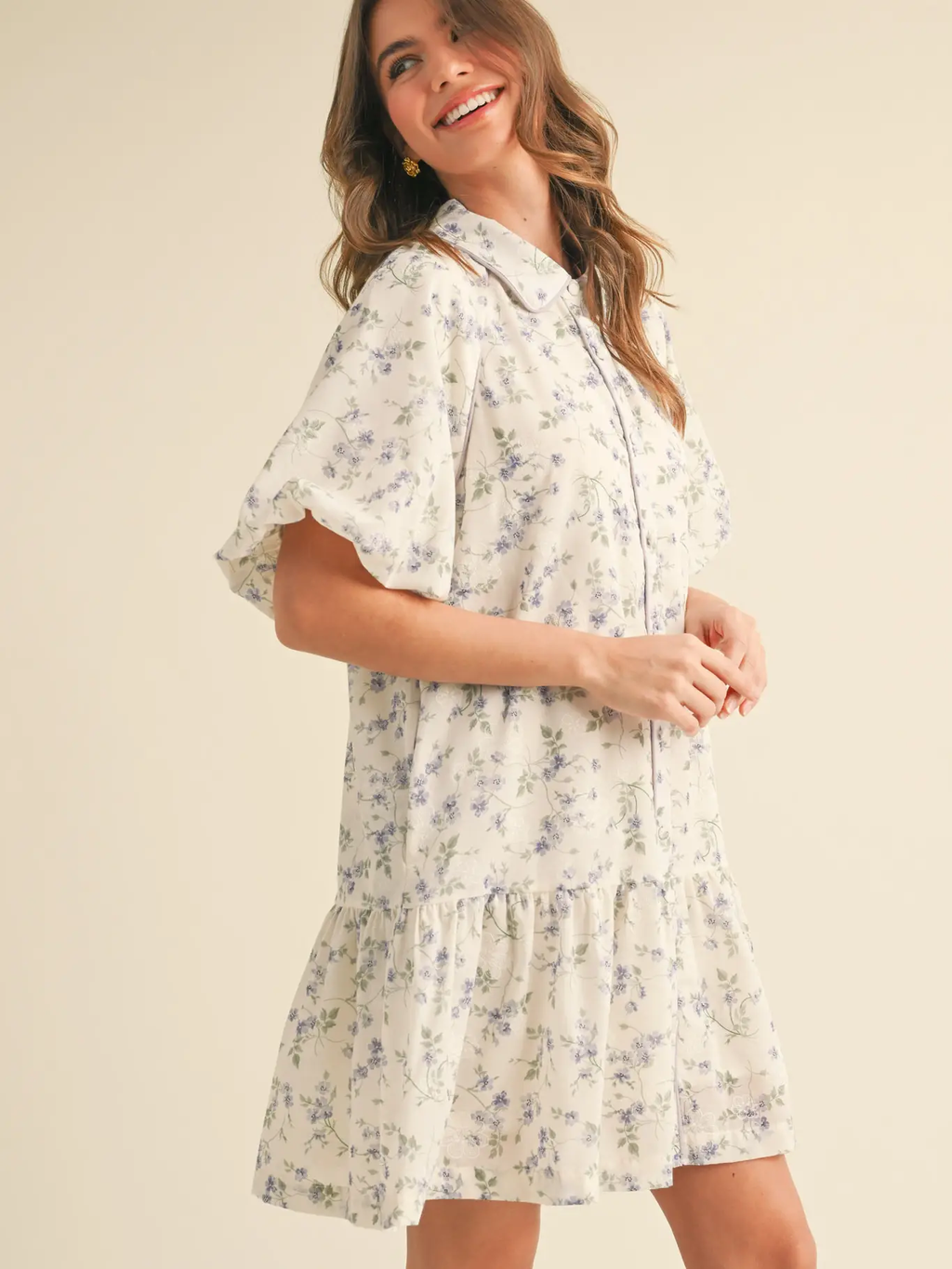 Bubble Sleeve Button Down Floral Mini Dress - GOLDEN YELLOW FLORAL