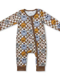 Long Sleeves Smile Plaid Baby Kids Bamboo Zipper Romper