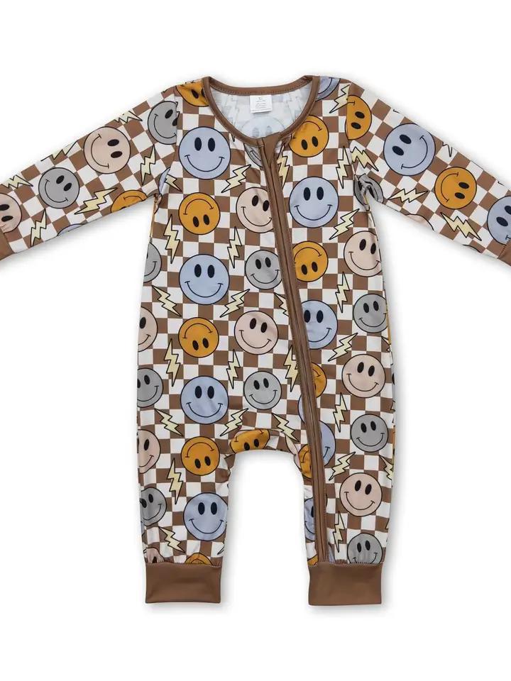 Long Sleeves Smile Plaid Baby Kids Bamboo Zipper Romper